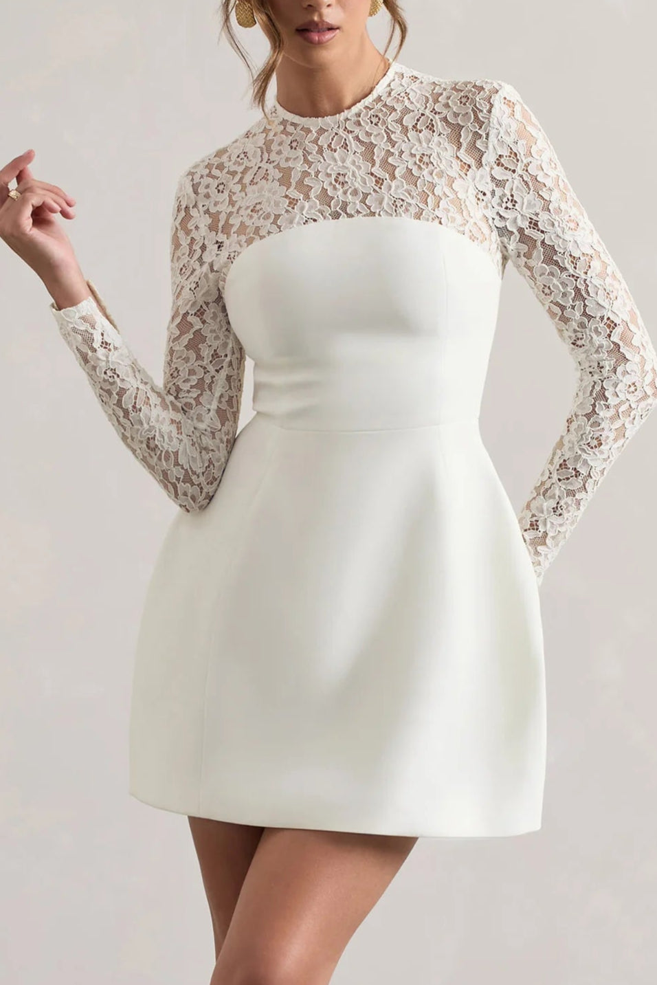 Club L Birdie White Lace Long-Sleeve Mini Dress