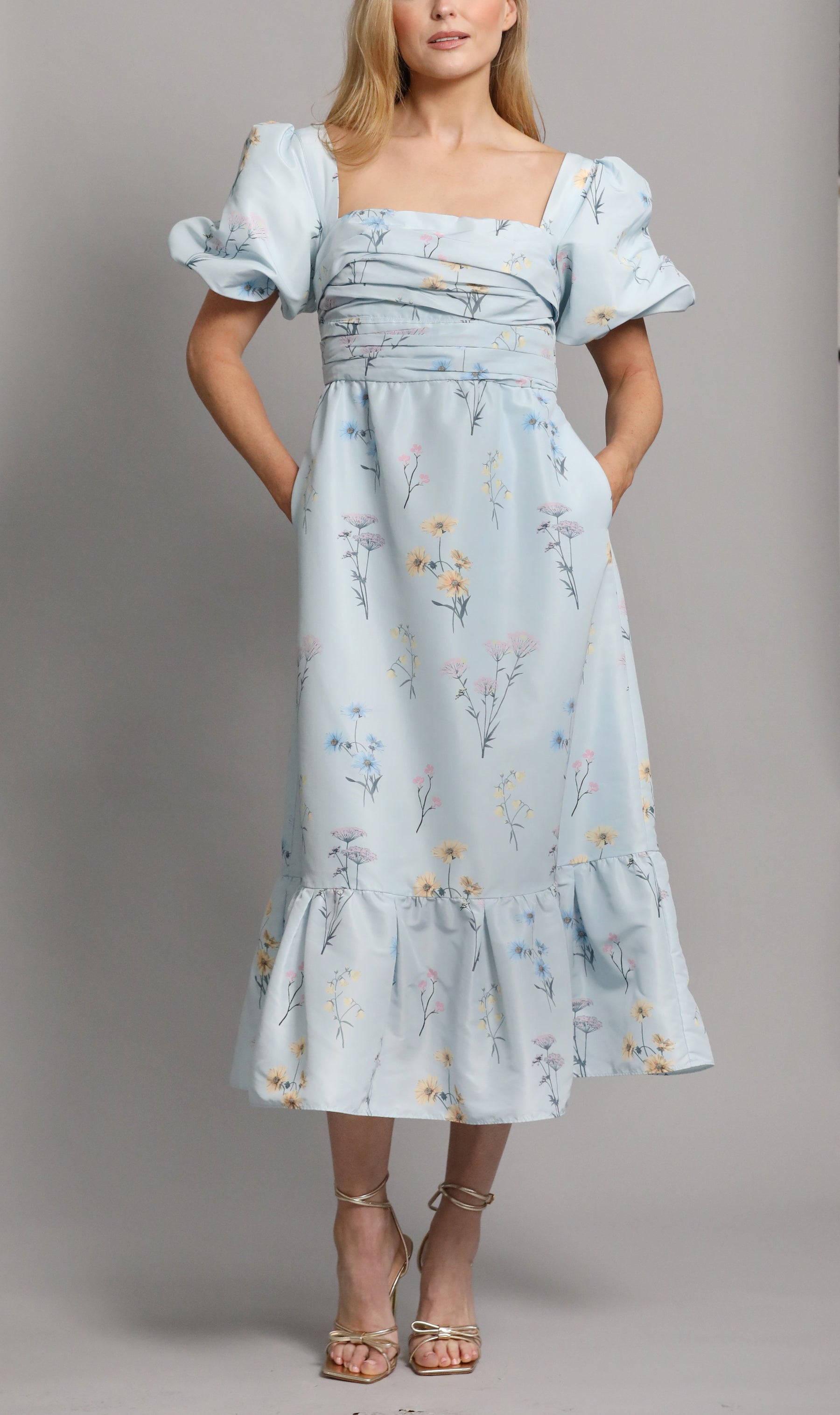 Blue Floral Watercolour Taffeta Midi Dress