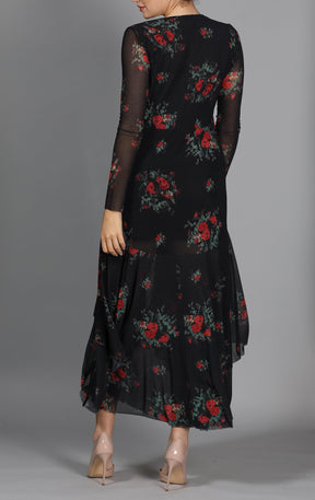 Floral Mesh Midi Wrap Dress