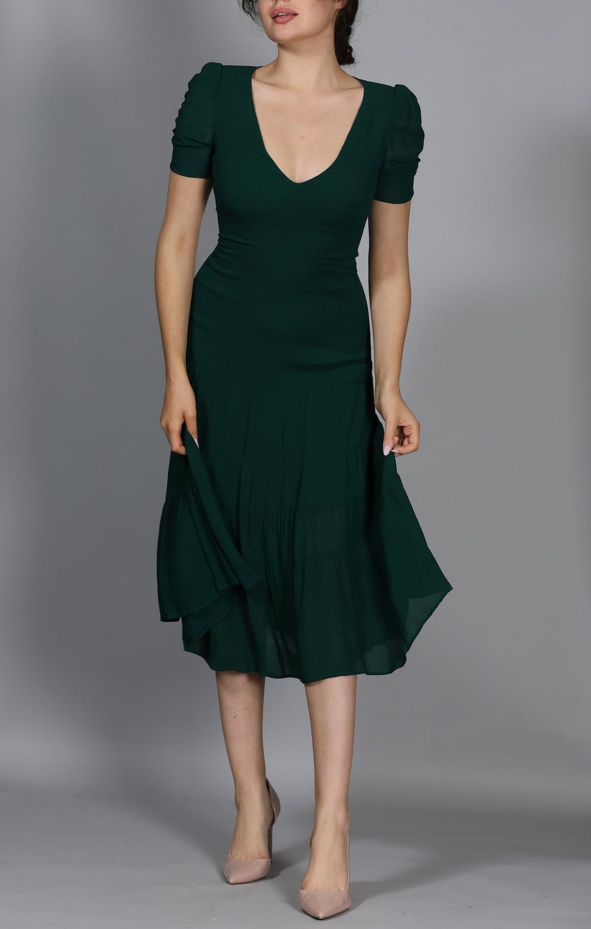 Reformation Cosa Emerald Green Crepe Midi- Dress Sz L=10