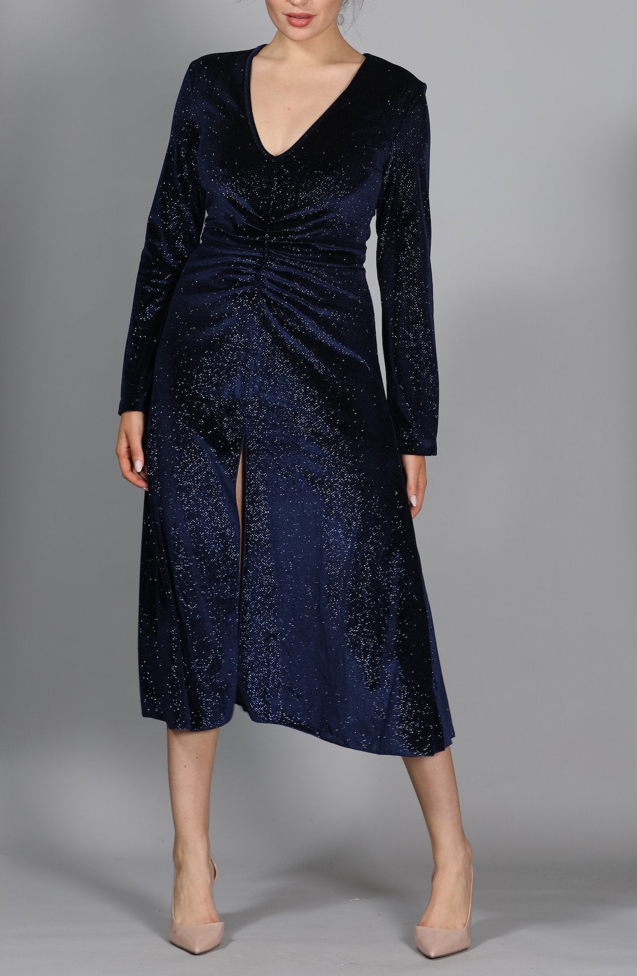 Ruched Glittered Velvet Midi Dress