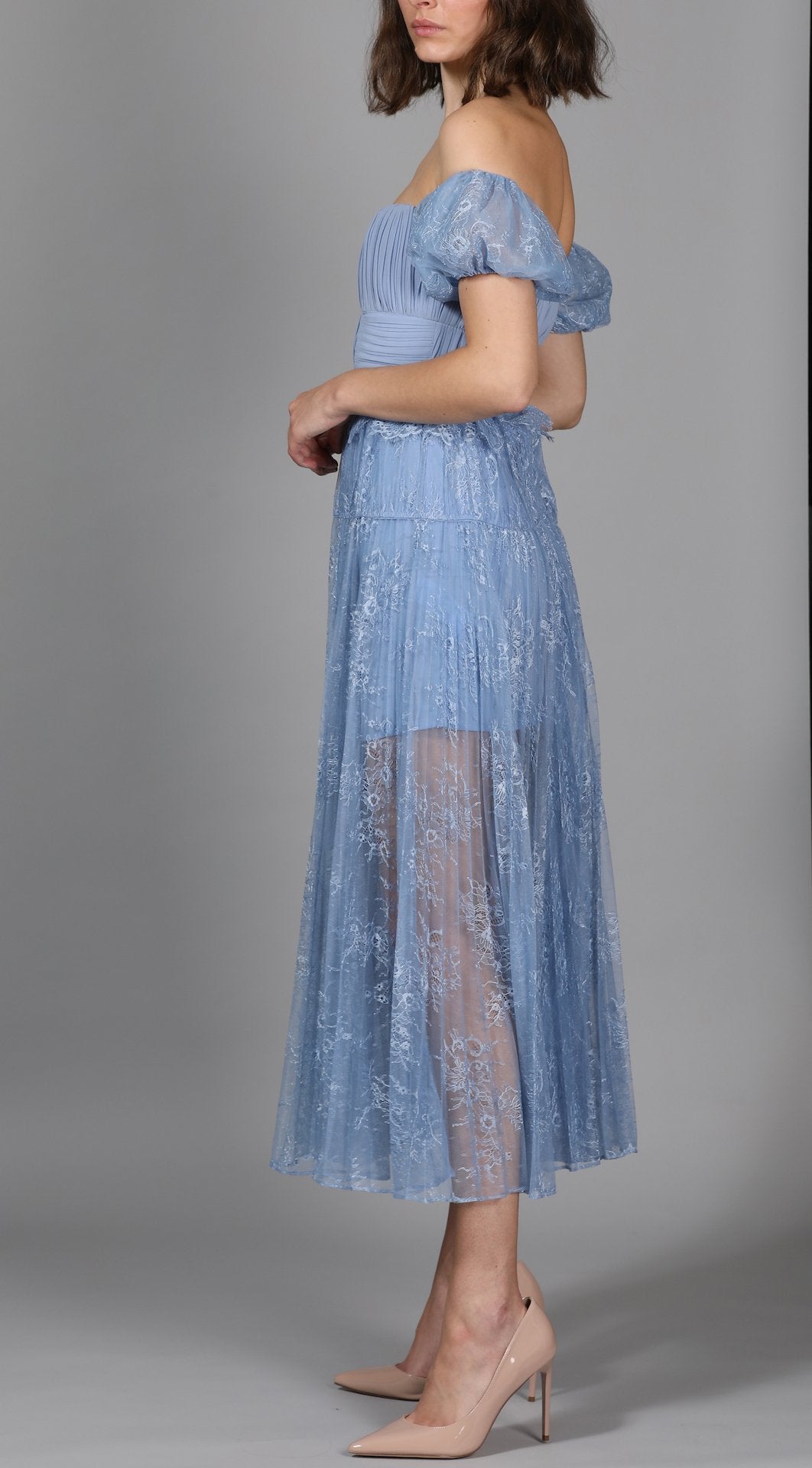 Blue Lace Off Shoulder Floral Scallop Dress