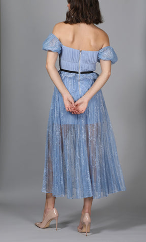 Blue Lace Off Shoulder Floral Scallop Dress