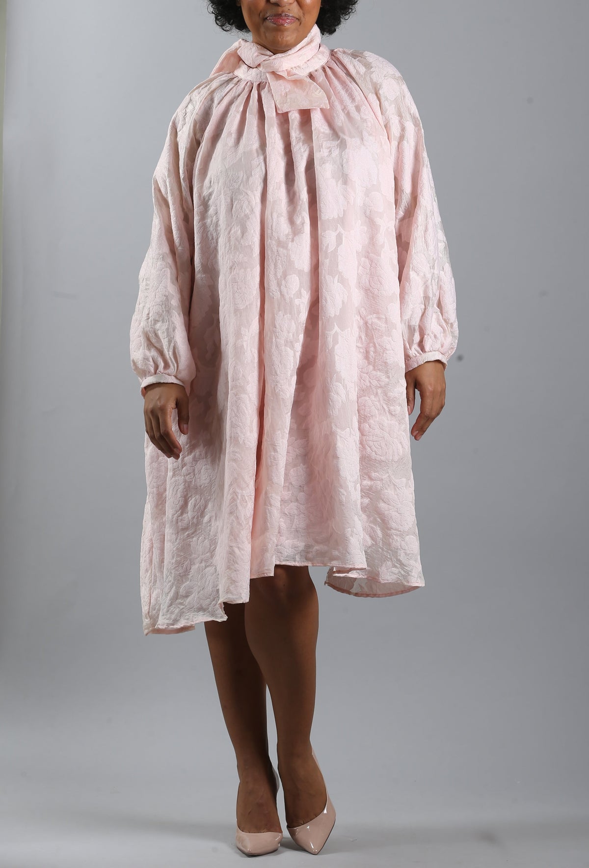 Pink Smock Dress With Pussybow In Rose Jacquard