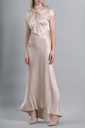 Capped Sleeve Satin Maxi Dress with Knot Front