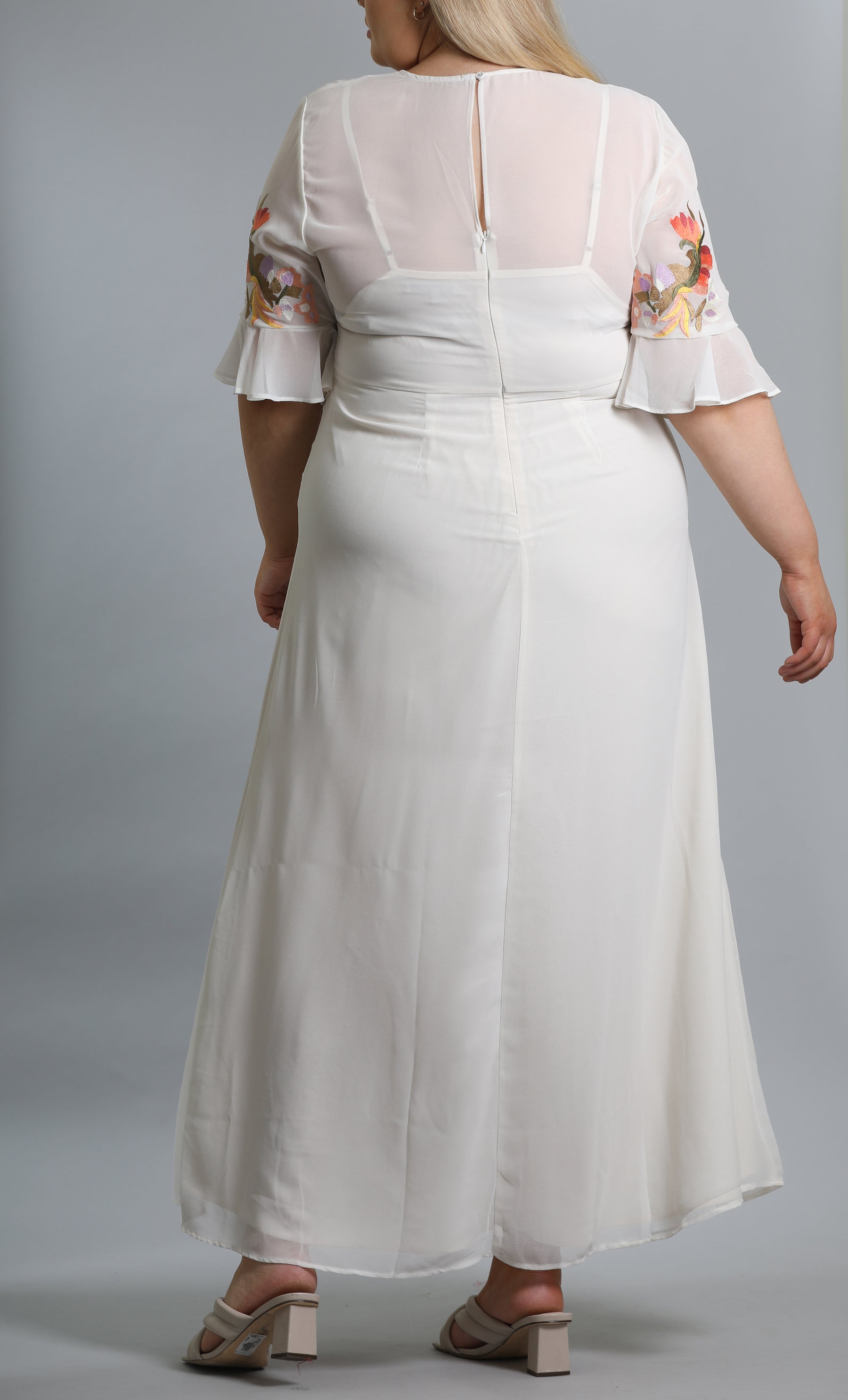 Fluted Sleeve Embroidered Maxi Dress In Ivory
