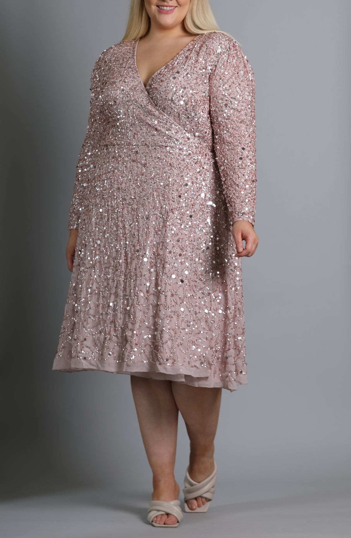 Embellished Midi Wrap Dress In Frosted Pink