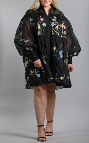 Mini Shirt Dress In Organza With Floral Embroidery