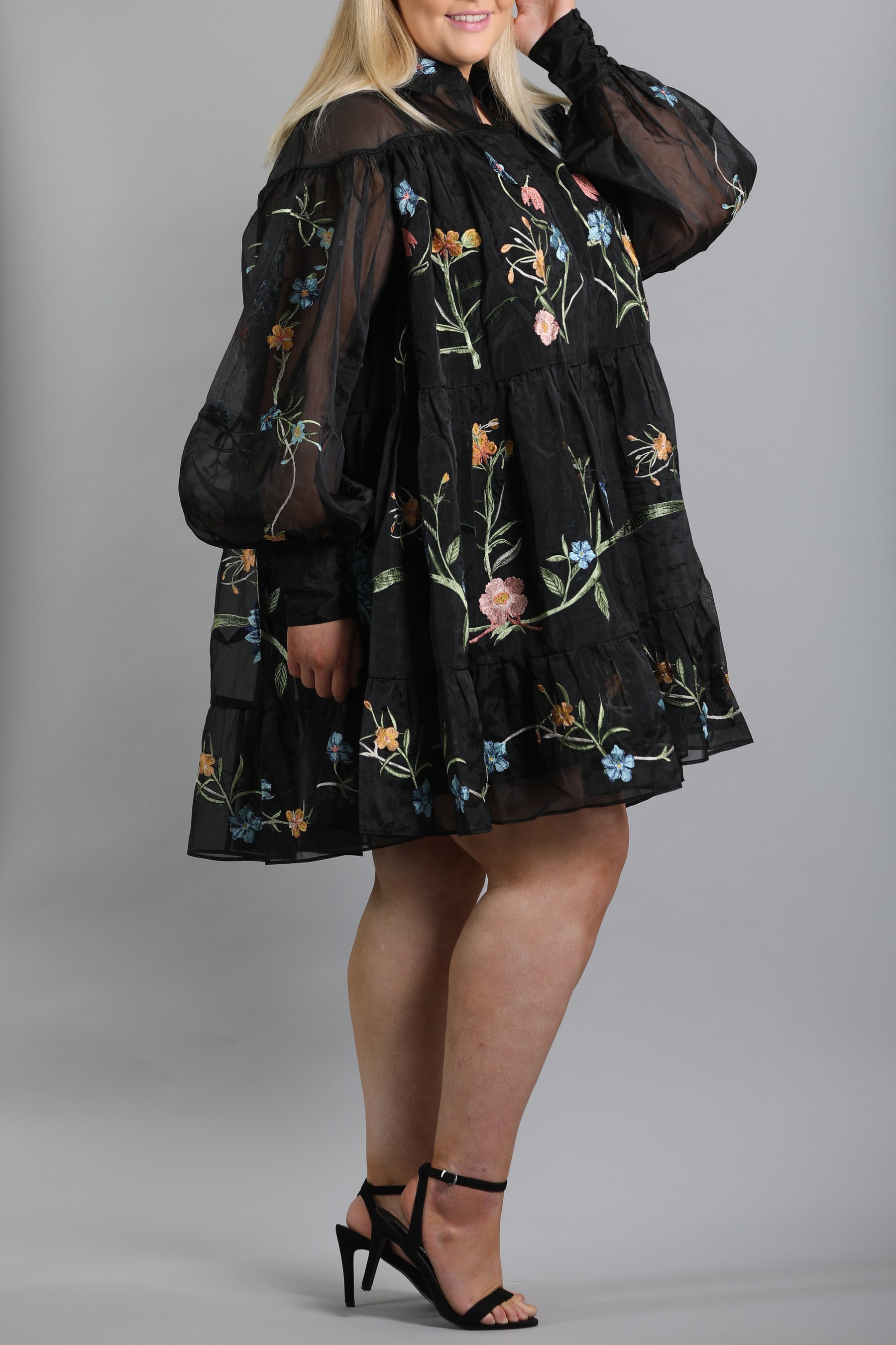 Mini Shirt Dress In Organza With Floral Embroidery
