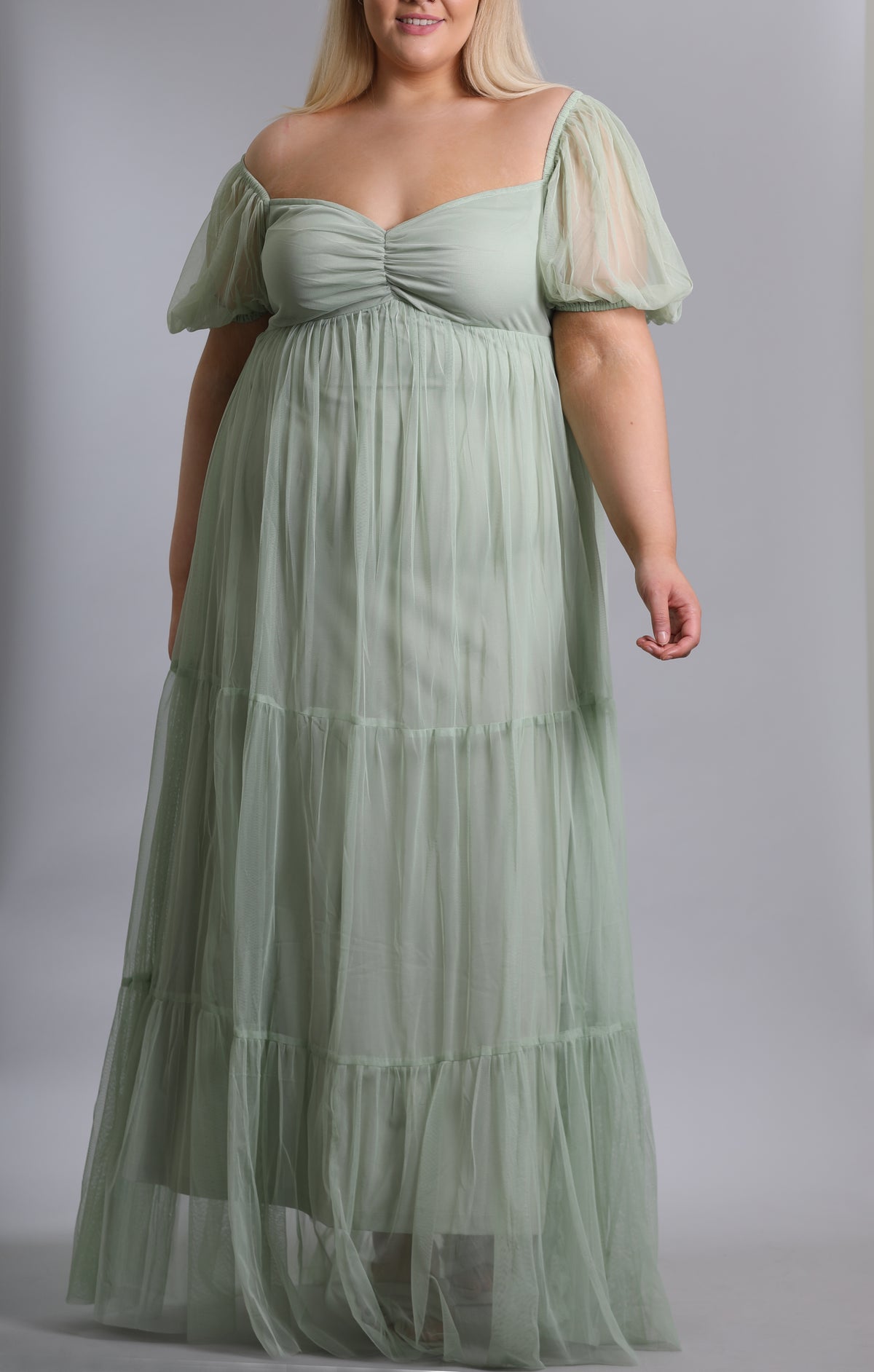 Puff Sleeve Tulle Dress In Sage Green