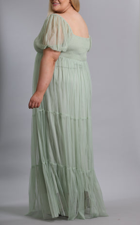 Puff Sleeve Tulle Dress In Sage Green