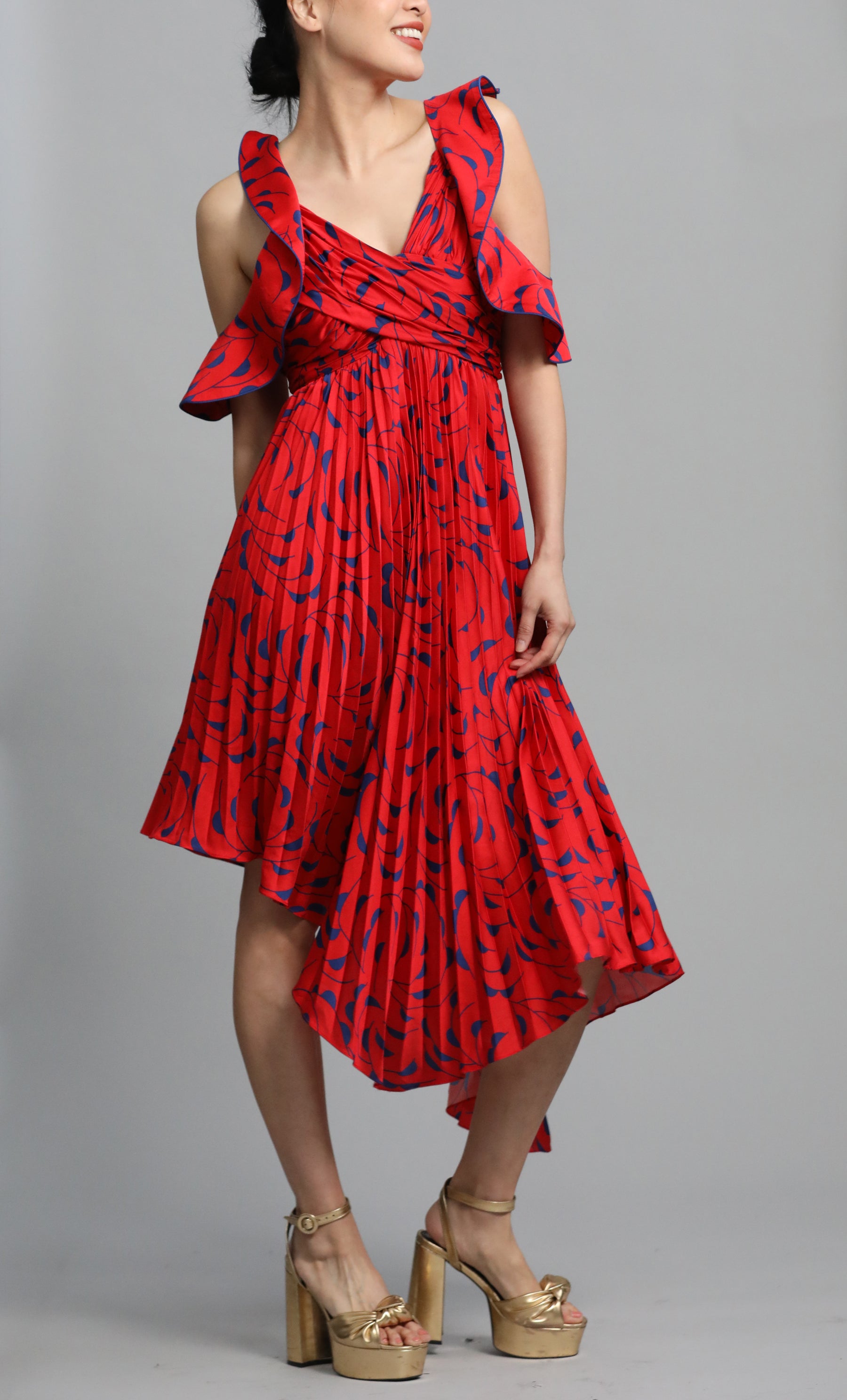 Red Asymemetric Printed Satin Midi Dress