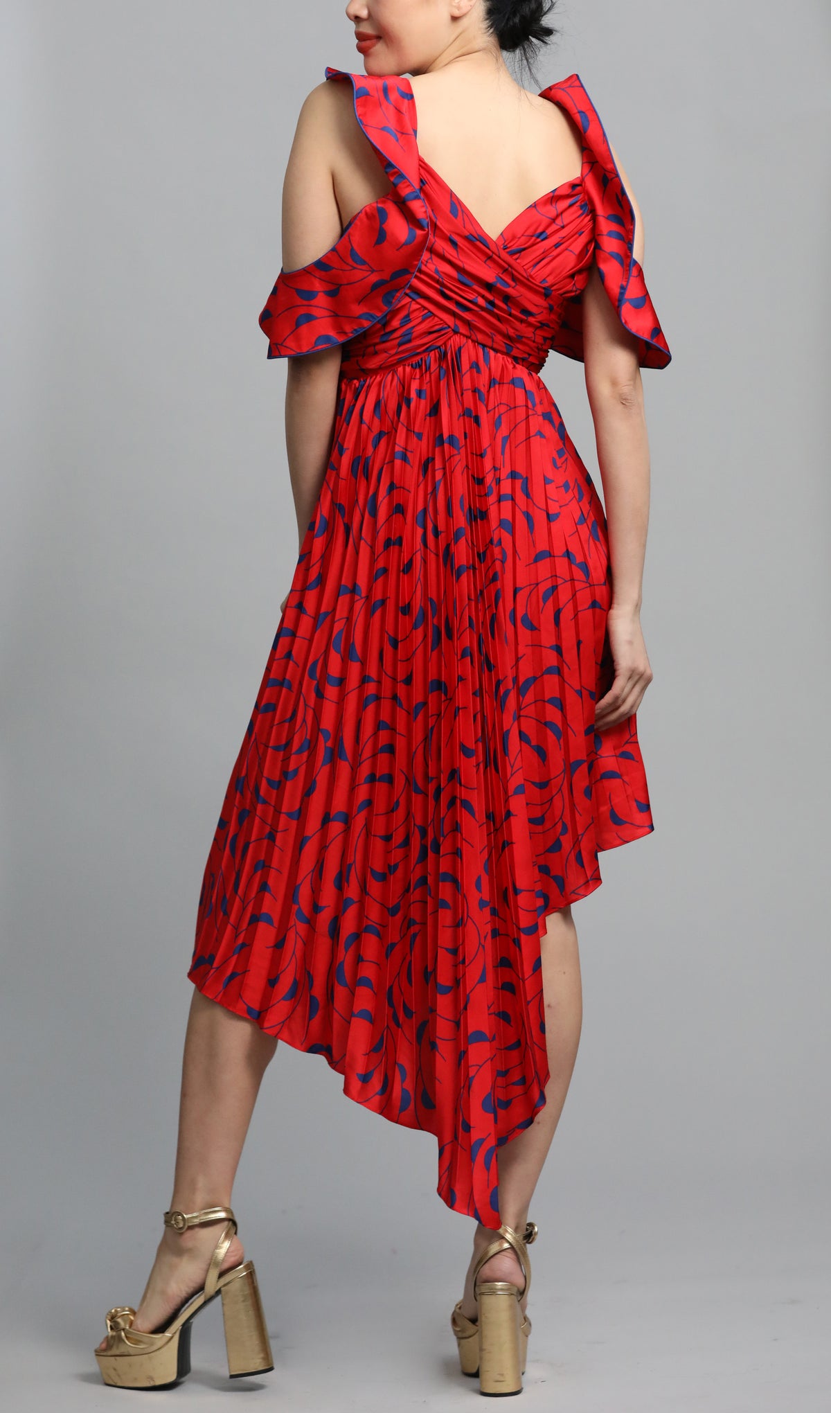 Red Asymemetric Printed Satin Midi Dress