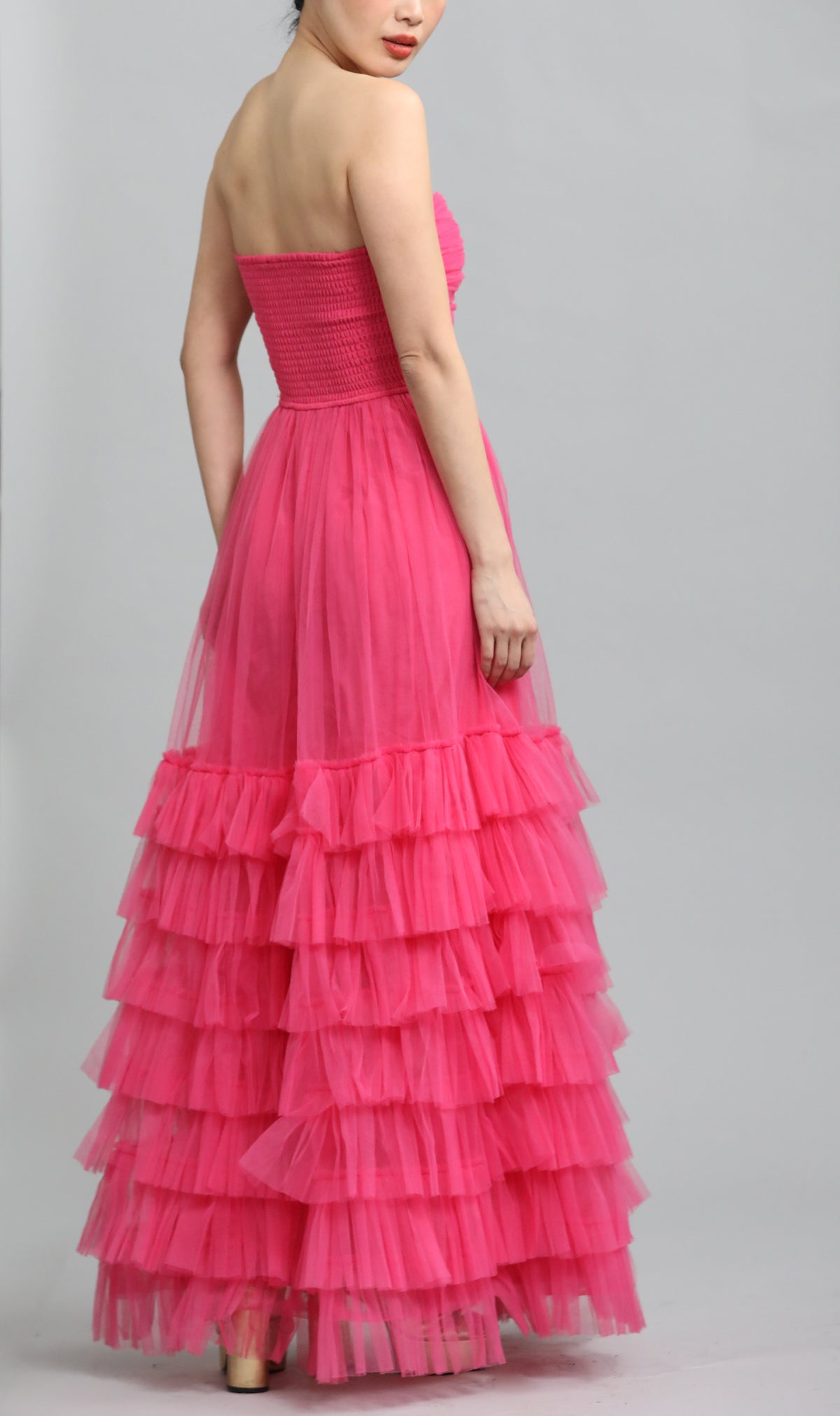 Recycled Tulle Bandeau Frill Maxi Dress