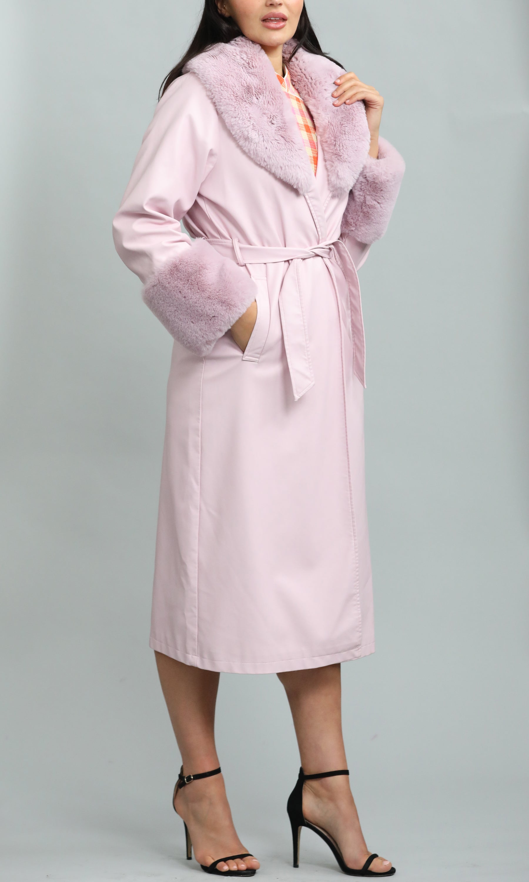 Reclaimed Vintage Leather Look Trench With Detachable Faux Fur Collar In Pink