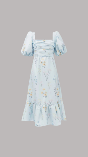 Blue Floral Watercolour Taffeta Midi Dress
