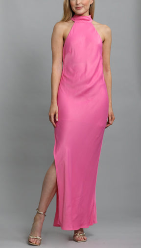 Claire Satin Drape Back Maxi Dress With Split - Pink