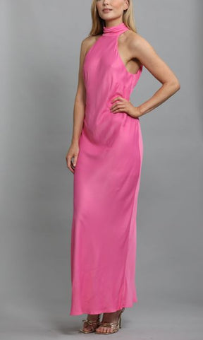 Claire Satin Drape Back Maxi Dress With Split - Pink