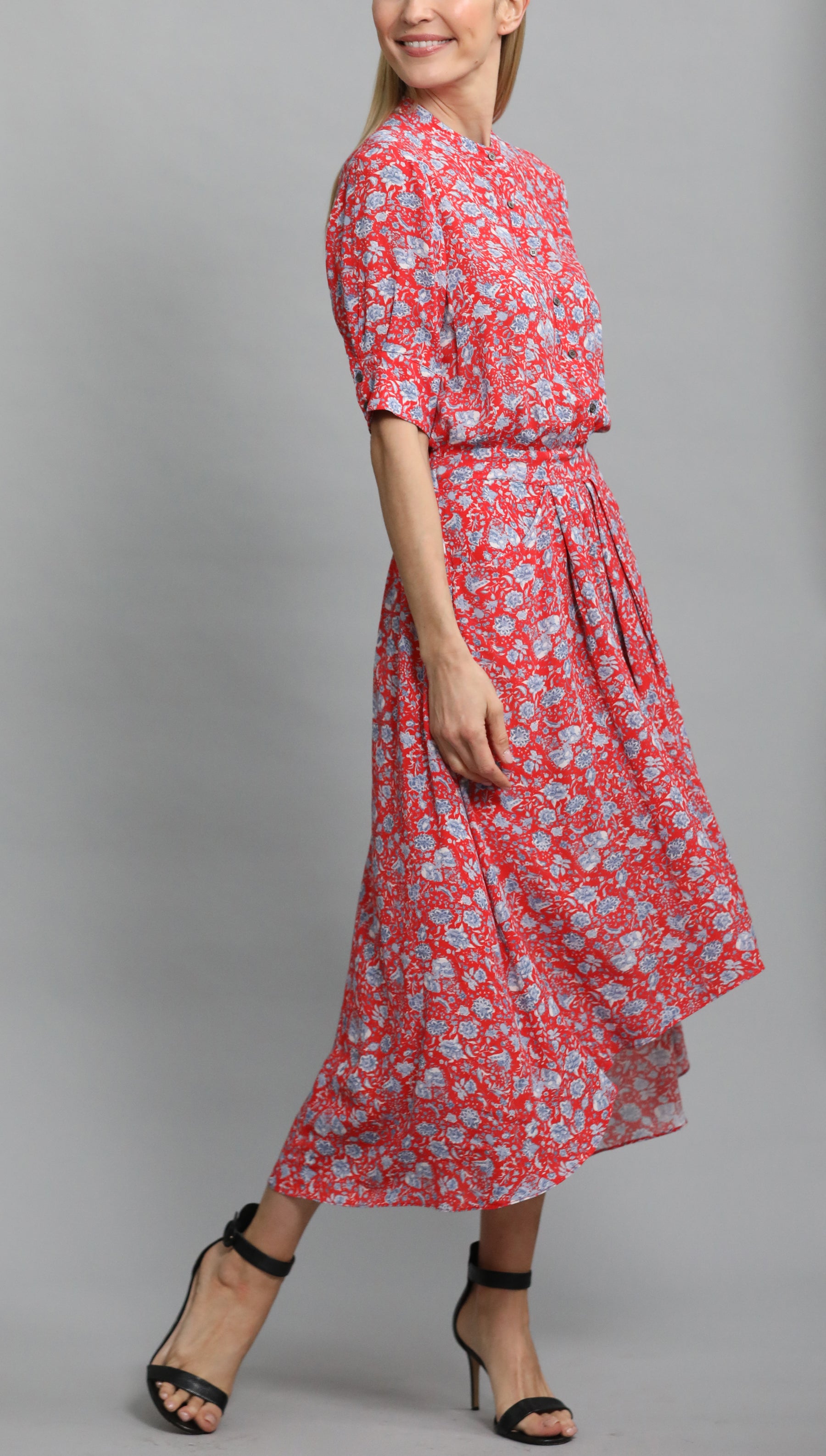 Red Midi Dress With Floral Pattern