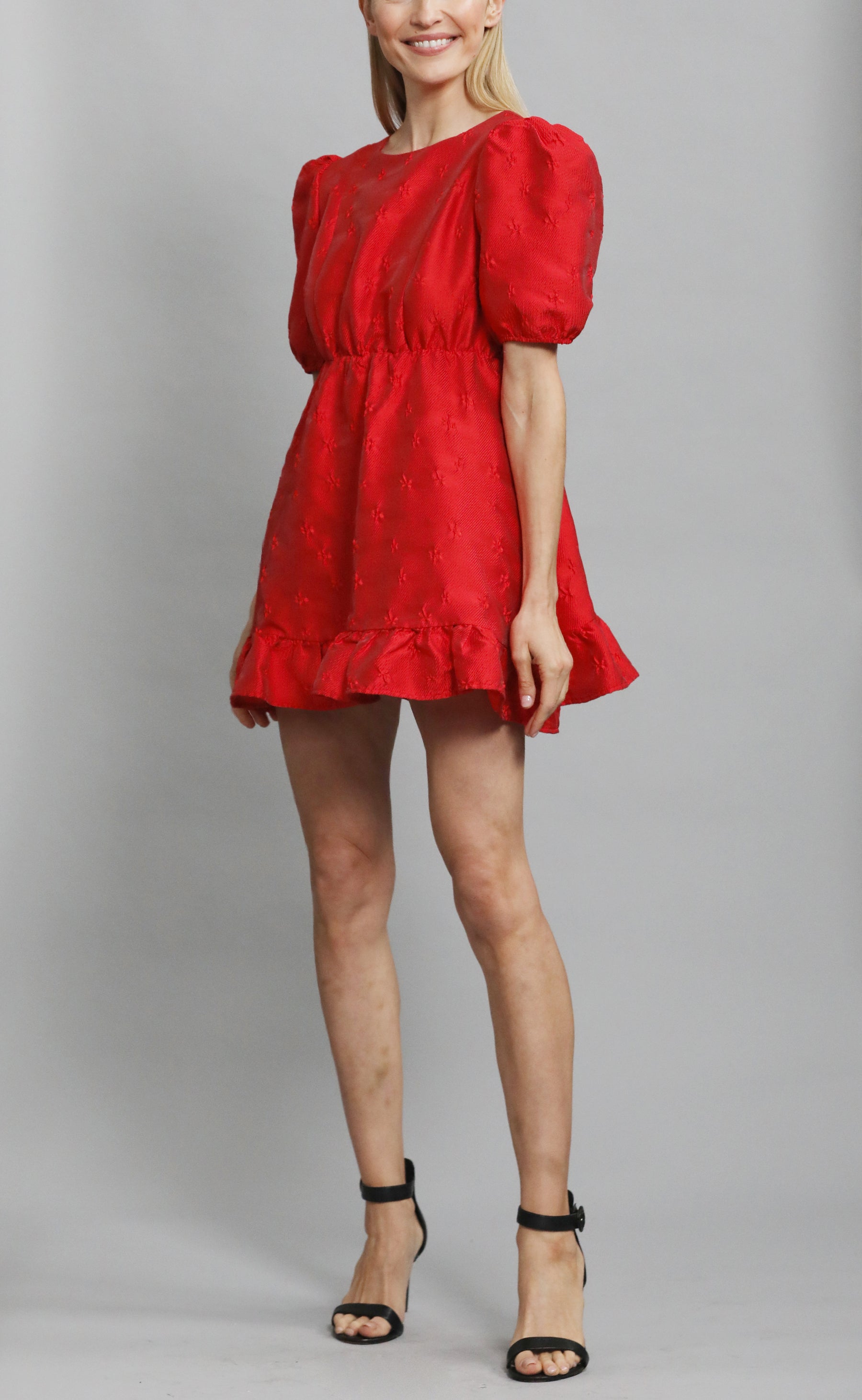 Red jacquard mini dress with open heart back