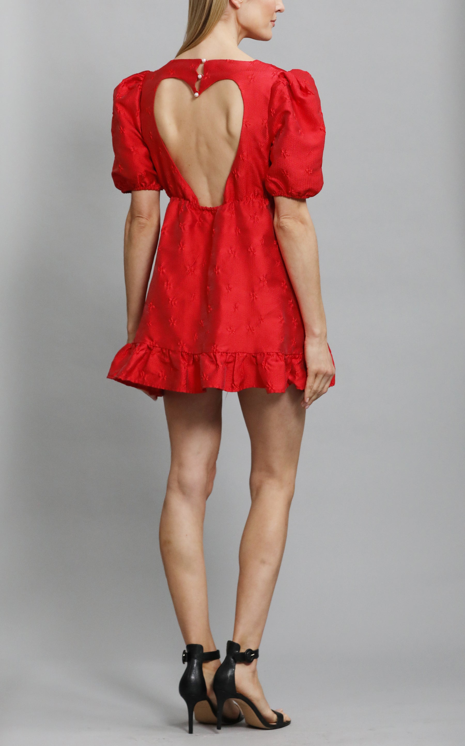Red jacquard mini dress with open heart back