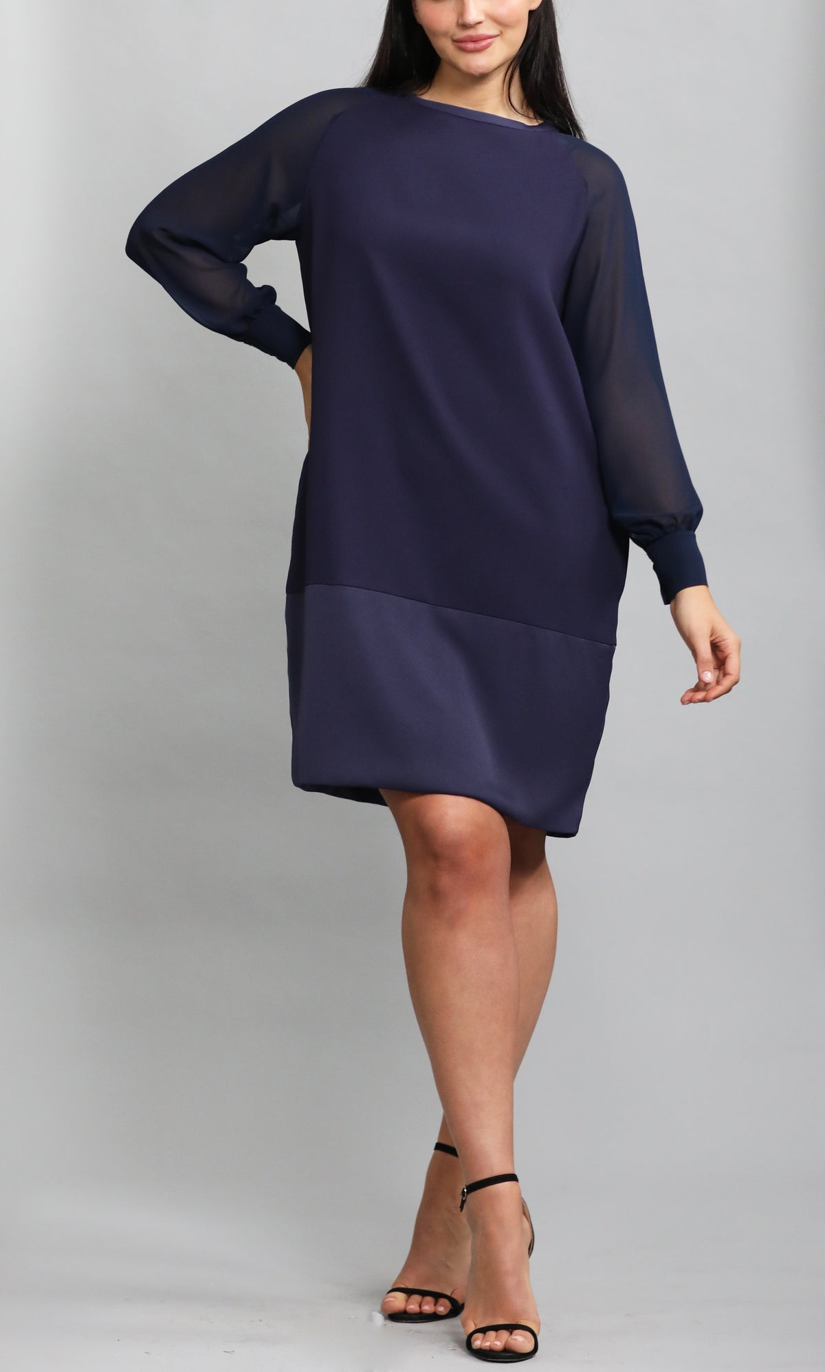 Navy Dress With Sheer Sleeves