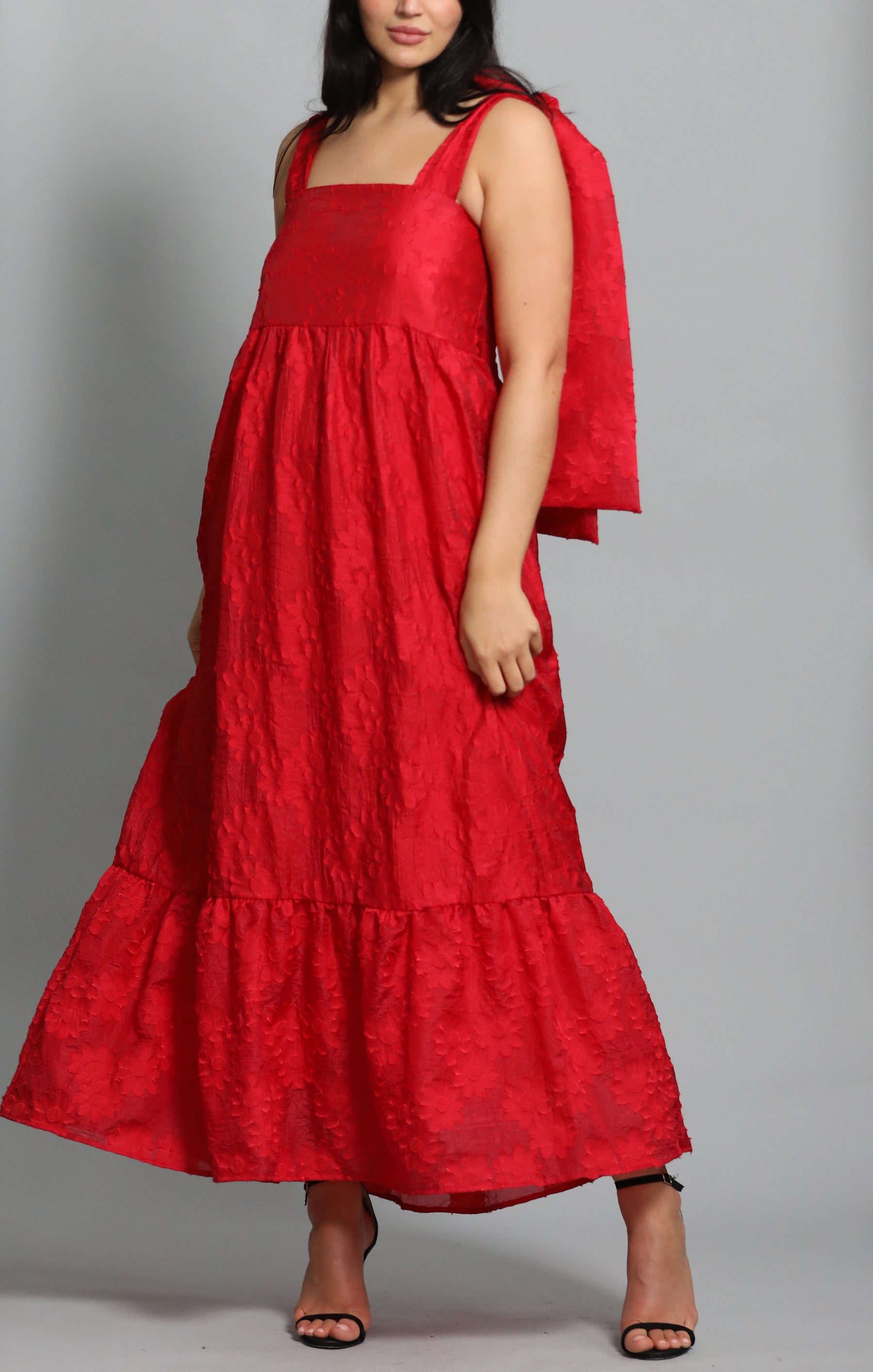 Sister Jane Tiered Maxi Dress In Red Jacquard With Bow Straps