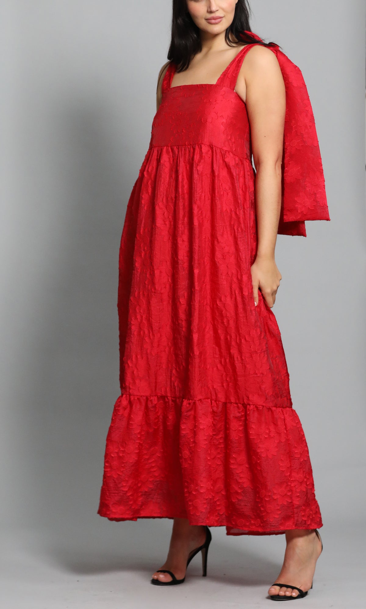 Sister Jane Tiered Maxi Dress In Red Jacquard With Bow Straps