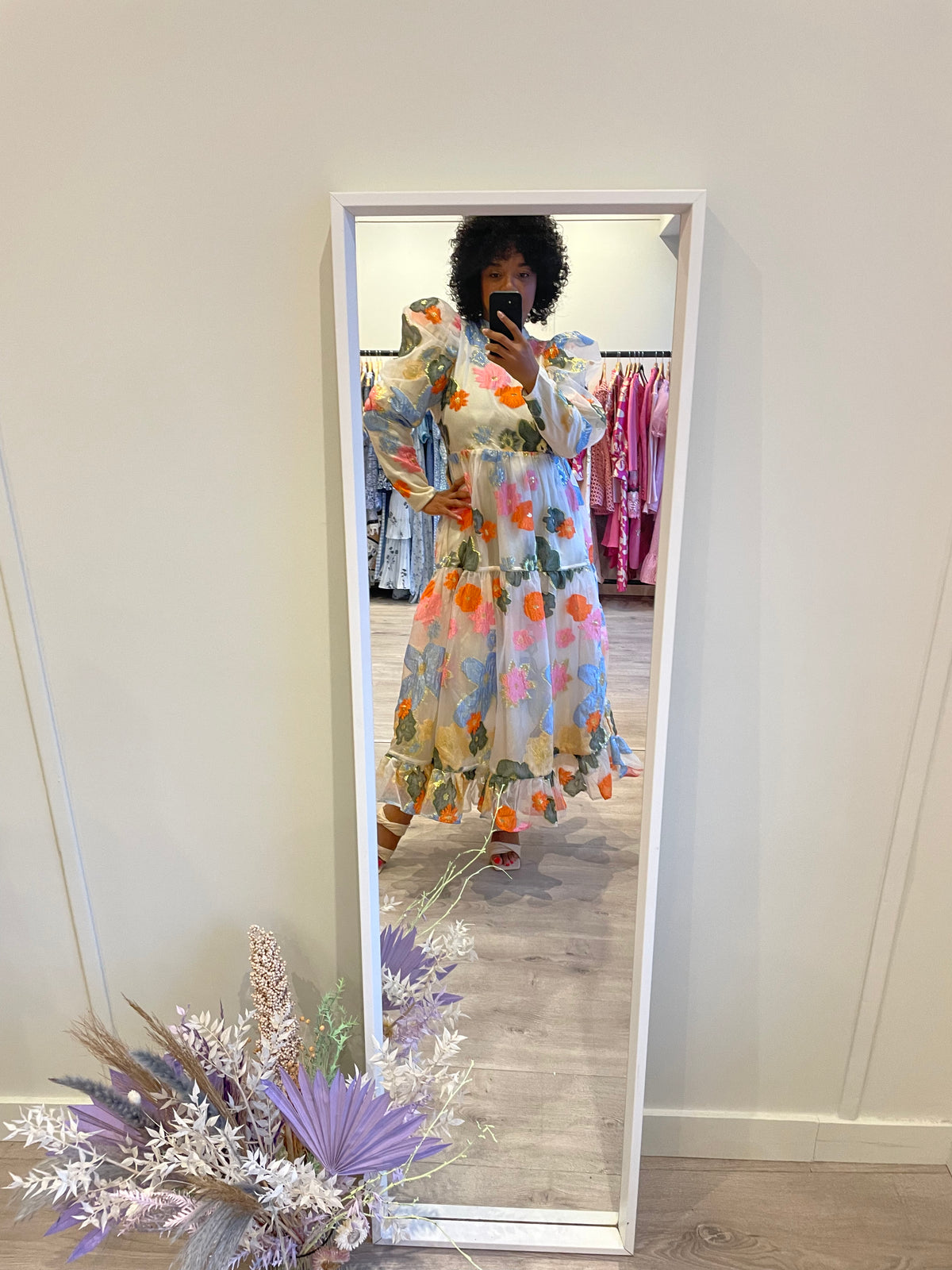 Dream Sister Jane Puff Sleeve Maxi Dress in Rainbow Floral Jacquard