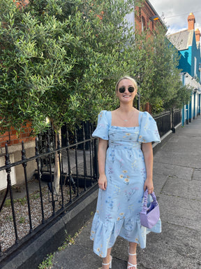 Blue Floral Watercolour Taffeta Midi Dress